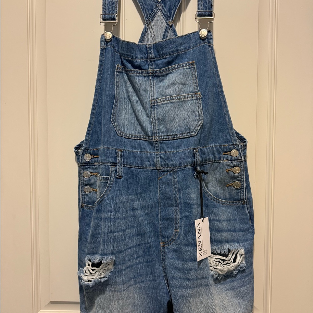 Zenana Overall Denim Distressed Shorts NWT